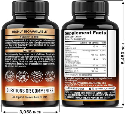 Vitamin D3 K2 - Vitamin D3 10000 iu & K2 as MK-7 120 mcg - Immune & Mood Support, for Bone & Teeth Health - with Magnesium, Zinc & Vitamin C & B12 - Highly Bioavailable - Made in USA, 240 Capsules