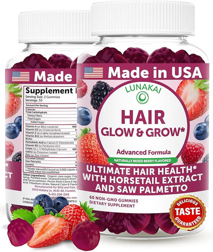 Lunakai USA Made Super Hair Gummies with Biotin, Zinc, Horsetail Extract & Saw Palmetto - Hair Growth Vitamins for Women & Men – Supports Thicker, Longer, Stronger Tresses, Skin & Nails, 60ct