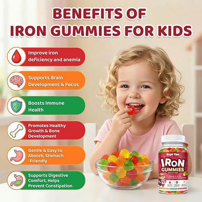 Iron Supplement Gummies for Kids, Kids Multivitamin with Iron - Vitamin B Complex, C, D3, Calcium, Folate, Zinc, FOS for Blood Builder & Energy Support, Iron Deficiency, Vegan,Mixed Fruit Flavor,60 ct