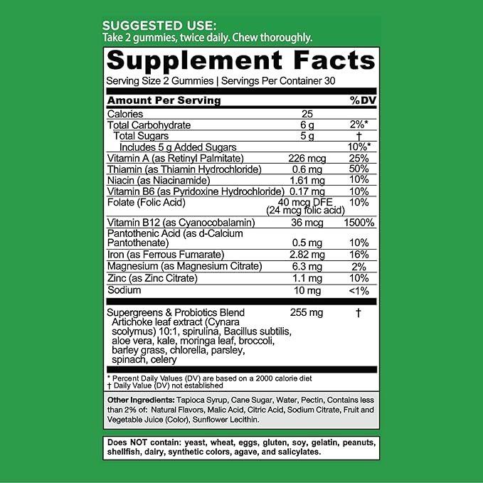Goli Supergreens Gummies with Probiotics - Artichoke Leaf Extract, Spirulina, Kale, Vitamins A, B6, B12 - Vegan, Gluten-Free, Non-GMO