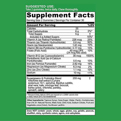 Goli Supergreens Gummies with Probiotics - Artichoke Leaf Extract, Spirulina, Kale, Vitamins A, B6, B12 - Vegan, Gluten-Free, Non-GMO