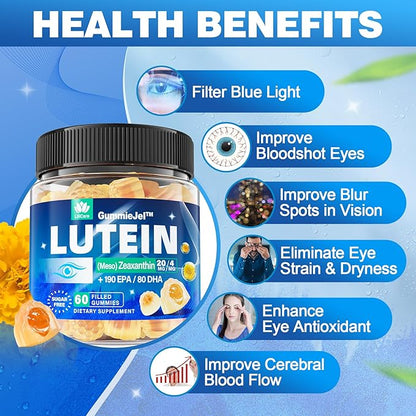 Lutein 20mg 40mg and Zeaxanthin Supplements for Eyes, Lutein Gummies with Omega 3, Saffron, Zinc, Bilberry & Goji Berry for Vision Support - Eye Vitamins Gummies for Seniors - Vegan, Sugar Free, 60ct