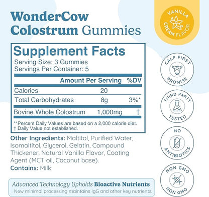 WONDERCOW Colostrum Gummies for Gut Health, Immune Support & Wellness | Natural IgG Whole Bovine Colostrum Supplement, 1,000mg per Serving (15 Gummies (5 Servings), Vanilla Cream)