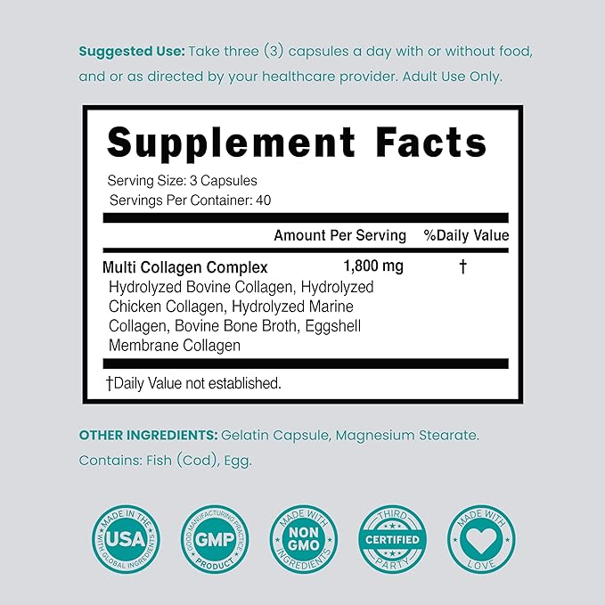 Multi Collagen Pills for Women & Men (120 Capsules) Type I, II, III, V and X - Pure Hydrolyzed Collagen Peptides Supplement - Hair, Skin, Nails & Joint Support - 3rd Party Tested, Non GMO & USA Made