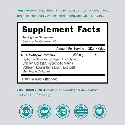 Multi Collagen Pills for Women & Men (120 Capsules) Type I, II, III, V and X - Pure Hydrolyzed Collagen Peptides Supplement - Hair, Skin, Nails & Joint Support - 3rd Party Tested, Non GMO & USA Made