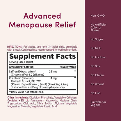 Nature's Bounty Optimal Solutions Advanced Menopause Relief, Menopause Supplement for Women Featuring Siberian Rhubarb, Hotflash Relief, No Added Hormones, Drug-Free, 30 Tablets, 30 Total Servings