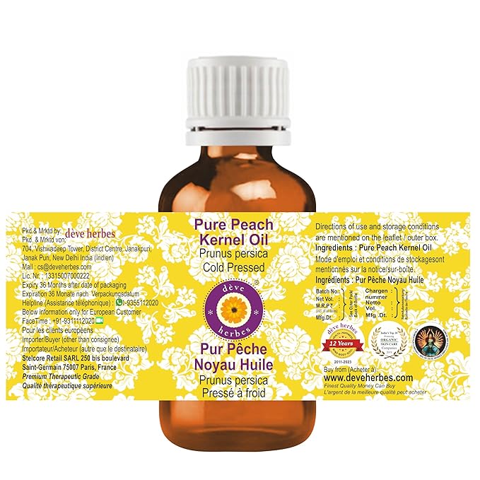 Deve Herbes Peach Kernel Oil (Prunus persica) | Cold Pressed | Pure | Natural | Undiluted | For Diluting Essential oils | For Skin & Massage | Non-Sticky| Lightweight| Men & Women | 30ml (1 oz)