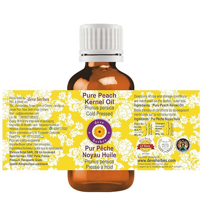Deve Herbes Peach Kernel Oil (Prunus persica) | Cold Pressed | Pure | Natural | Undiluted | For Diluting Essential oils | For Skin & Massage | Non-Sticky| Lightweight| Men & Women | 30ml (1 oz)