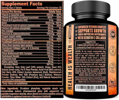 10X Potent Hair Skin and Nail Growth Vitamins Infused with Keratin + Collagen + Silica for Vibrant Hair- Extra Strength Biotin 5000mcg