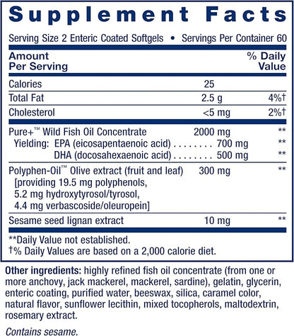 Life Extension Super Omega-3 EPA/DHA Fish Oil, Sesame Lignans & Olive Extract – Heart Health, Brain Health, Inflammation Health Support, Gluten-Free, Enteric-Coated, Non-GMO, 120 Softgels