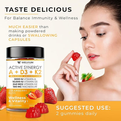 Vitamin D3 K2 Gummies 10000 IU with Magnesium Glycinate, Calcium, B12, K2 MK-7, Vitamins A, E, Lutein, Zeaxanthin - ADK Chewable Supplement for Bone, Eye, Immune Support - D3K2 Gummies