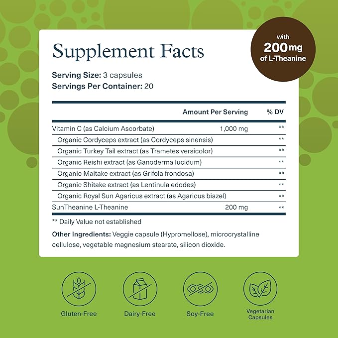 Youtheory Mushroom Stress Complex - 6 Mushroom Blend - Stress Management Support* - Immune Support - L-Theanine Supplement - Dairy, Soy & Gluten Free - 60 Vegetarian Capsules