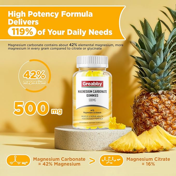 Magnesium Carbonate 500mg Gummies, Magnesium Supplement for Muscle & Digestive Support, High Absorption Formula, Vegan, Pineapple Flavor, 60 Chewables