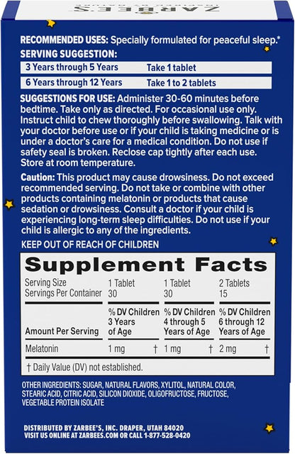 Zarbee's Kids 1mg Melatonin Chewable Tablet, Drug-Free & Effective Sleep Supplement, Easy to Take Natural Grape Flavor Tablets for Children Ages 3 and Up, 30 Count