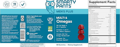 SmartyPants Men's Multivitamin Gummies with Omega 3 DHA/EPA, Methylfolate, Vitamin D3, C, B12, B6, A, K, Zinc, Raspberry Lemonade Flavor, 90 Count (30 Day Supply)