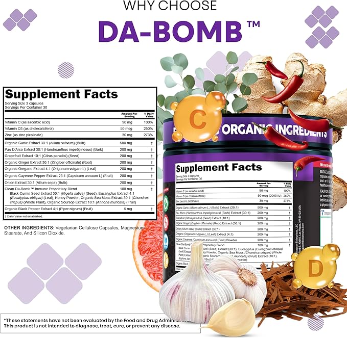 Organic Immune Support with PAU D'Arco Garlic Cayenne Pepper Oregano Ginger Grapefruit Onion Black Seed Sea Moss Black Pepper Zinc Eucalyptus Vitamin C Vitamin D Organic Soursop By Clean Nutra