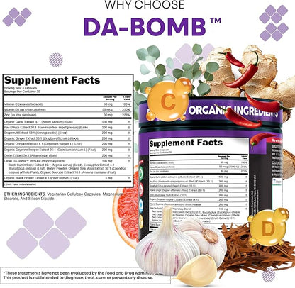 Organic Immune Support with PAU D'Arco Garlic Cayenne Pepper Oregano Ginger Grapefruit Onion Black Seed Sea Moss Black Pepper Zinc Eucalyptus Vitamin C Vitamin D Organic Soursop By Clean Nutra