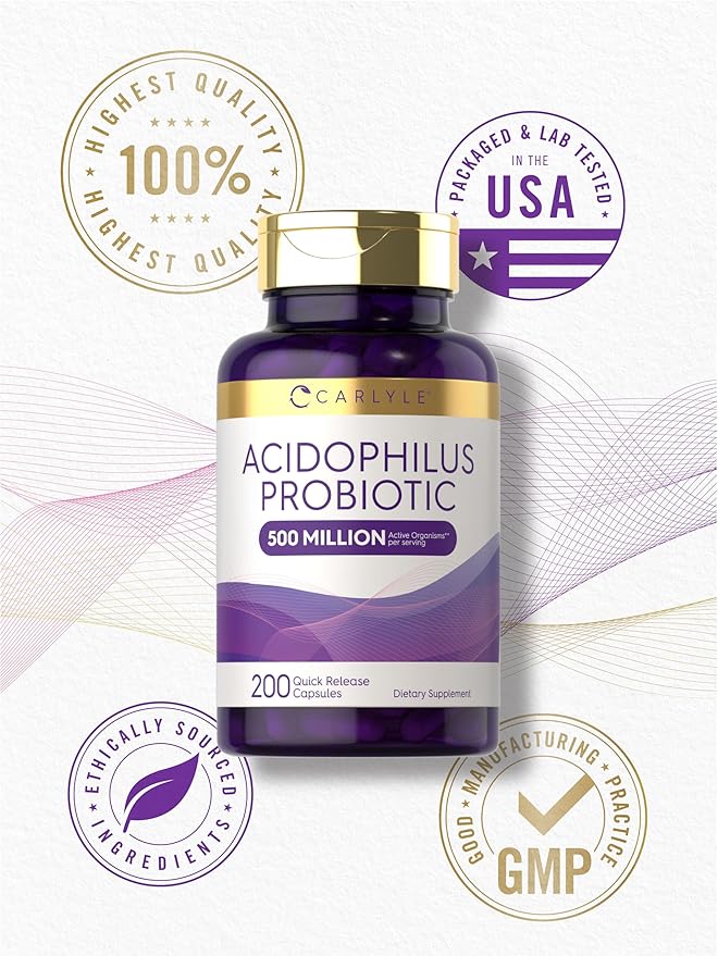 Carlyle Acidophilus Probiotic Capsules for Women and Men | 500 Million CFU | 200 Pills | Lactobacillus Supplement | Non-GMO and Gluten Free