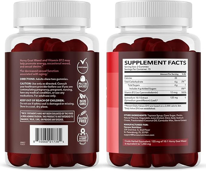 Horny Goat Weed Gummies with Vitamin B12 - Energy, Endurance & Performance Support for Male Health - 30 Count - Vegetarian-Friendly, Non-GMO, Pectin-Based - Raspberry Flavor, 15 Servings