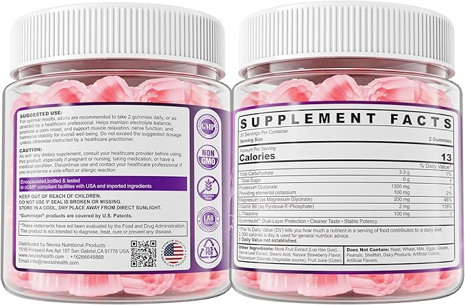 NEVISS Potassium Gluconate + Magnesium Glycinate Gummies w/ B6 & L-Theanine for Muscle Cramp & Leg Cramp Relief | Sugar-Free Electrolyte Supplement for Energy, Hydration & Calm Relax | Vegan, 60Cts