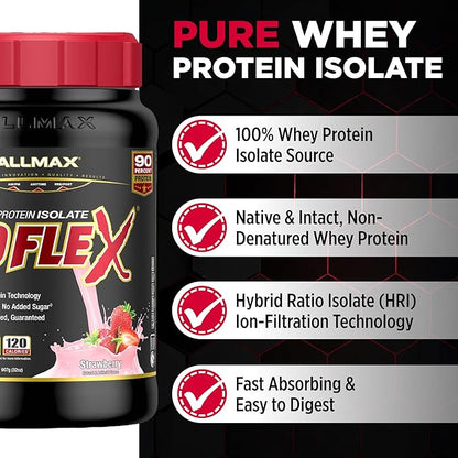 ALLMAX ISOFLEX Pure Whey Isolate Protein Powder - Gluten Free, Low Lactose, Sugar-Free - High-Protein, Clean, Keto-Friendly, Pre Post Workout Supplement for Women and Men | Strawberry, 2lb