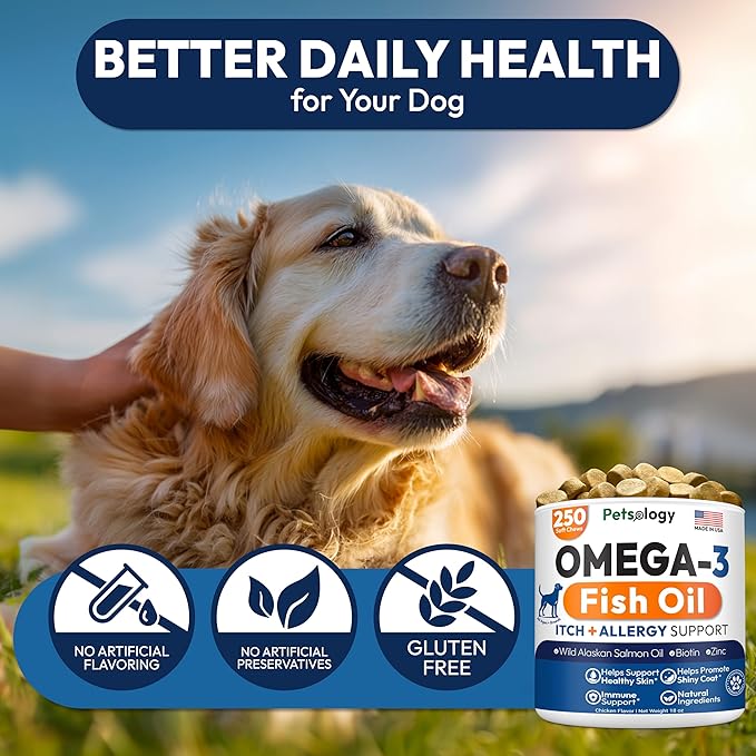 Omega 3 for Dogs - 250 Fish Oil Chews for Dog Shedding, Allergy & Itch Relief, Hot Spot Treatment - Advanced Skin & Coat Supplement - Joint Health - EPA & DHA Fatty Acids - Salmon Oil & Probiotics
