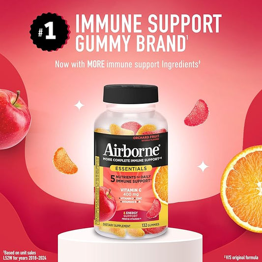 Airborne 400mg Vitamin C Gummies for Adults & Children, Immune Essentials Daily Immune Support Supplement with Powerful Antioxidants Vitamins C & E Plus Selenium - 132 Gummies, Orchard Fruit Flavor