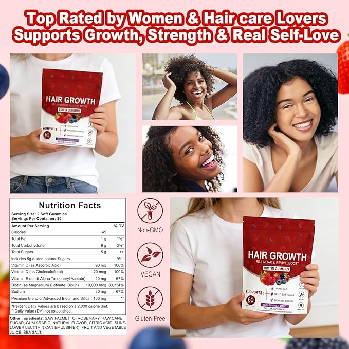 Lumin Hair Growth Gummies – Daily Hair Nourishment with Biotin, Collagen & Botanical Extracts – Supports Thicker, Stronger & Healthier-Looking Hair – Mixed Berry Flavor, 60 Gummies