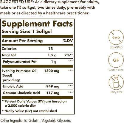 Solgar Evening Primrose Oil 1300 mg, 60 Softgels - Promotes Healthy Skin - Nutritional Support for Women - Non-GMO, Gluten Free, Dairy Free - 60 Servings