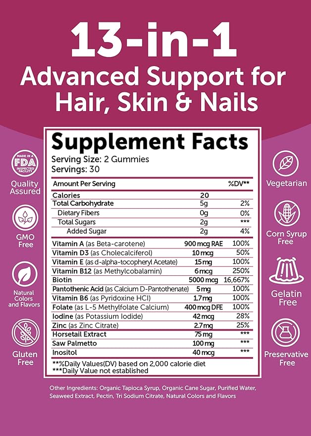 Lunakai USA Made Super Hair Gummies with Biotin, Zinc, Horsetail Extract & Saw Palmetto - Hair Growth Vitamins for Women & Men – Supports Thicker, Longer, Stronger Tresses, Skin & Nails - 6 Pack