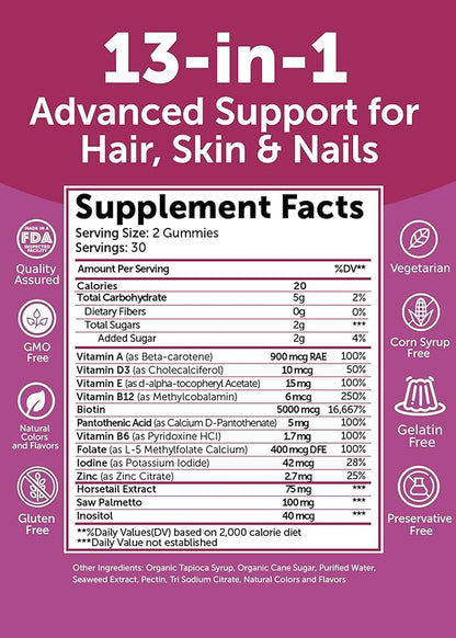 Lunakai USA Made Super Hair Gummies with Biotin, Zinc, Horsetail Extract & Saw Palmetto - Hair Growth Vitamins for Women & Men – Supports Thicker, Longer, Stronger Tresses, Skin & Nails - 6 Pack