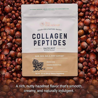 Live Conscious Collagen Peptides Powder - Hazelnut Collagen Powder - Hair, Skin, Nail, & Joint Support - Type I & III Grass-Fed Collagen Supplements for Women and Men - 30 Servings (2-Pack) - 12.4oz