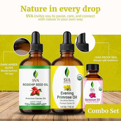 SVA Evening Primrose, Geranium, and Rosehip Oil 4 oz Bundle Super Saver Combo – Premium Grade Bundle Set for Hair Oiling, Scalp Massage, Hair Care, Face, Skin Care and Body Massage