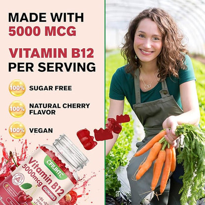 Vitamin B12 Gummies for Women & Men, 5000mcg Methyl B12 Gummies with Vitamin B6, D3, Iron, Folate for Adults, Support Energy & Metabolism Boost, Mood, Immune & Nervous System, Sugar Free Cherry Flavor