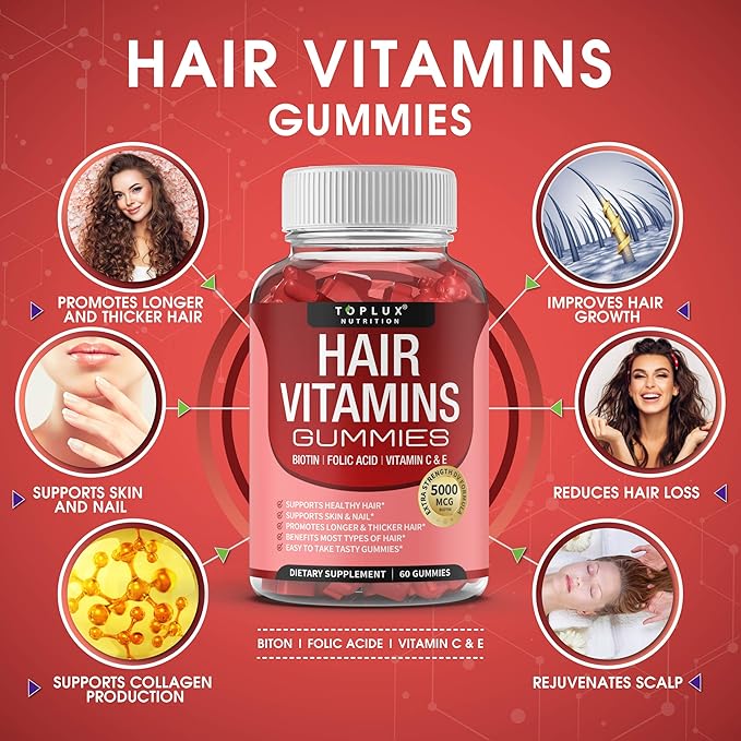 Hair Vitamin Gummies Supplement for Women & Men – Hair Growth Vitamins 5000mcg Biotin Gummies, Folic Acid, Vitamin C & E, Support Stronger & Thicker Hair, Skin, Nails, Non-GMO Vegam for, 60 Count