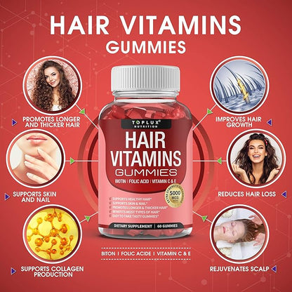 Hair Vitamin Gummies Supplement for Women & Men – Hair Growth Vitamins 5000mcg Biotin Gummies, Folic Acid, Vitamin C & E, Support Stronger & Thicker Hair, Skin, Nails, Non-GMO Vegam for, 60 Count