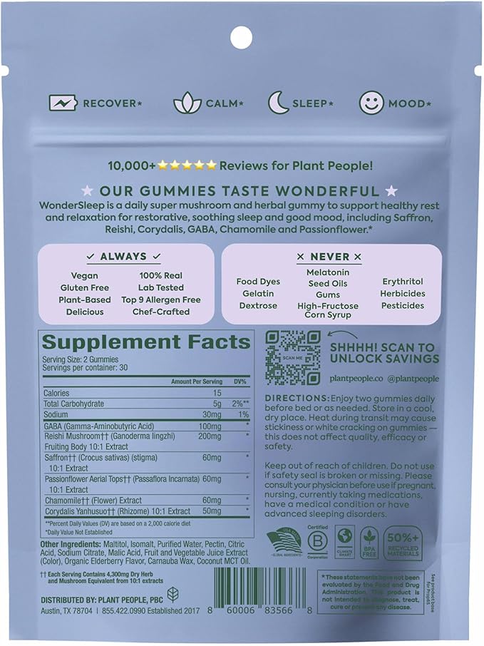 Plant People WonderSleep Mushroom Gummies Supplement for Sleep, No Melatonin with Reishi Super Mushrooms, Wild Elderberry Flavor, Sugar-Free (60 Count)