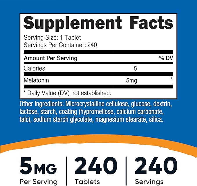 Nutricost Melatonin 5mg, 240 Tablets - 5mg Per Serving, Non-GMO, Gluten Free