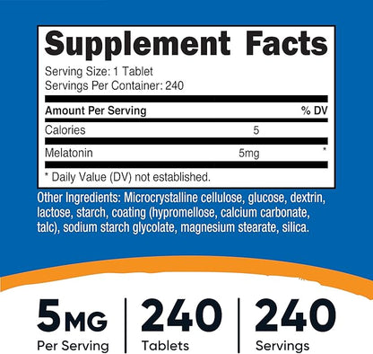 Nutricost Melatonin 5mg, 240 Tablets - 5mg Per Serving, Non-GMO, Gluten Free