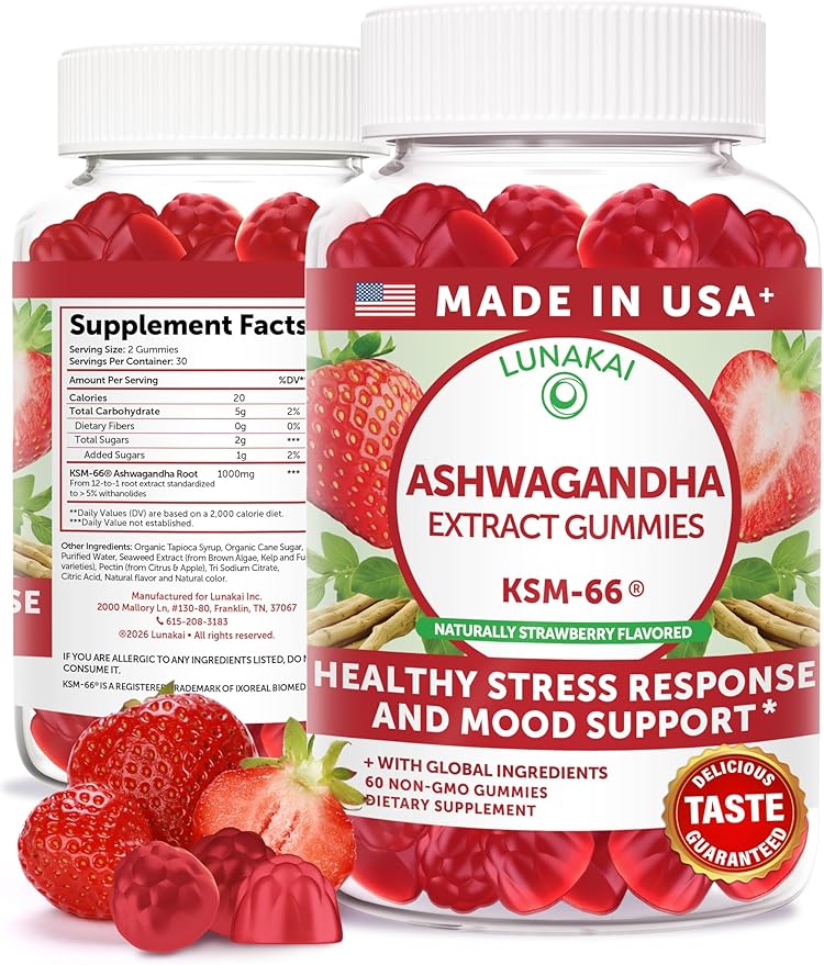 Lunakai USA Made KSM-66 Ashwagandha Gummies for Women & Men – Daily Vegan Supplement for Stress, Mood & Sleep Support, 60ct