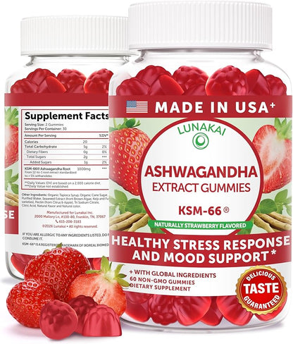 Lunakai USA Made KSM-66 Ashwagandha Gummies for Women & Men – Daily Vegan Supplement for Stress, Mood & Sleep Support, 60ct