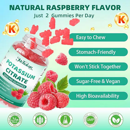 Potassium Citrate Supplement Gummies, Potassium Supplements for Women & Men, Helps Maintain Muscle Wellness & Electrolyte Balance, Vegan, Raspberry Flavor, 60 Count Potassium Gummies