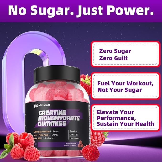 Creatine Monohydrate Gummies 5000mg w/Iron, Vitamin B6 & B12, Sugar Free 5g Creatine Supplements for Women and Men Boost Energy & Muscle Recovery - 90 Raspberry Gummies