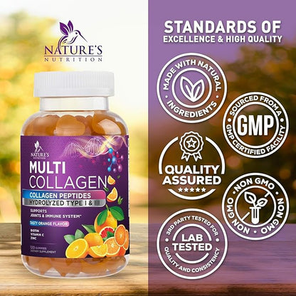 Collagen Peptides Gummies with 2500mcg Biotin Per Serving - Hair Growth, Skin & Nails Supplement - Hydrolyzed Collagen Multi Type I & III, Vitamin C for Immune Support, Orange Flavor, 120 Gummies