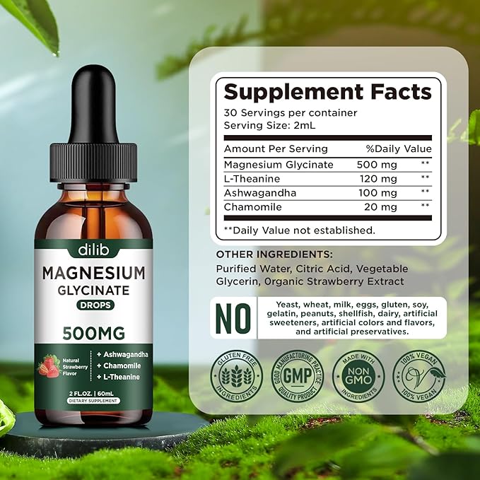 Magnesium Glycinate Liquid Drops Supplement, with Magnesium Glycinate 500mg Ashwagandha, L - Theanine, Chamomile -Support Stress Relief, Bone, Muscle, Mood Strawberry Flavor 2Pack