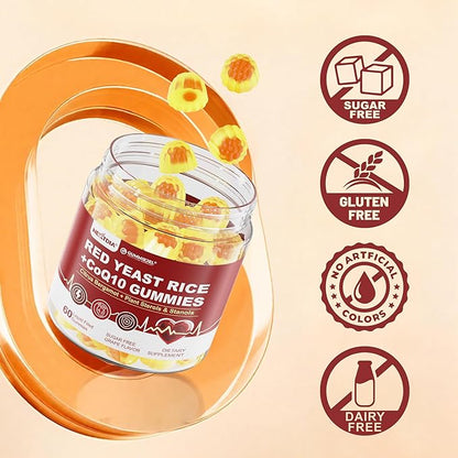 Red Yeast Rice Gummies 2400MG with CoQ10, Suagr Free Balanced Chṏlesterṏl Supplements Plus Citrus Bergamot, Plant Sterols & Stanols Supports Vḁsculḁr Health, Energy, Immunity for Age 50+,Vegan,60 Cts