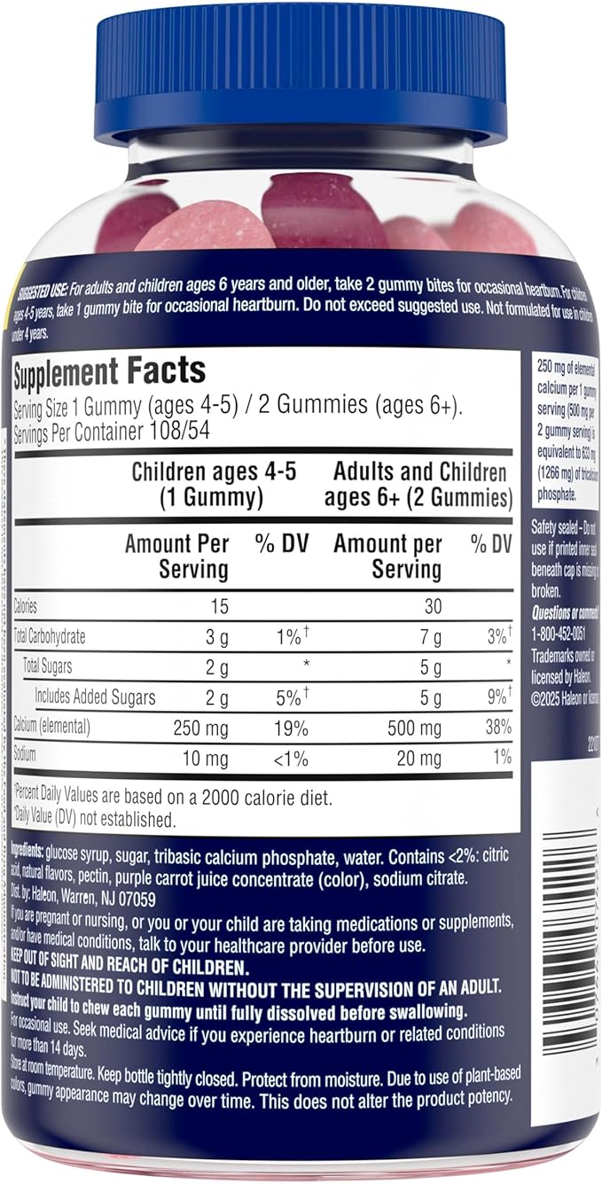 TUMS Gummy Bites Dietary Supplement for Occasional Heartburn Relief, Upset Stomach and Acid Indigestion, Cherry Berry Burst - 108 Count