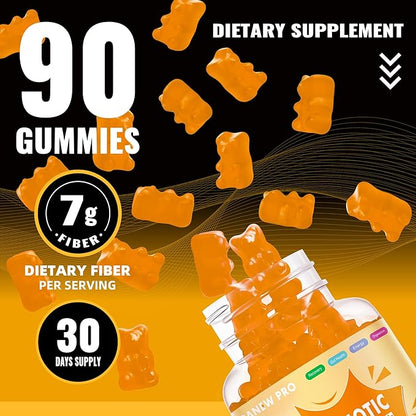 Prebiotic Fiber Gummies for Adults, 7G Extra Strength, Zero Sugar Added, 90 Pectin Based Gummies, Digestive Health -Orange