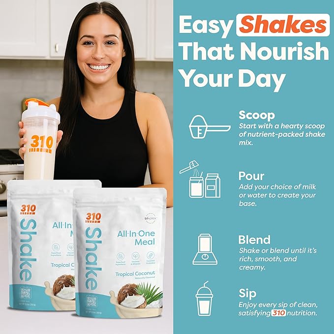 310 Nutrition All-In-One Meal Replacement Shake Powder - Plant-Based Protein Smoothie Blend w/High Fiber, Probiotics & Adaptogens - Low Carb, Vegan, Keto & Paleo Friendly - Tropical Coconut - 14 Srv