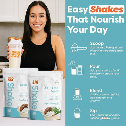 310 Nutrition All-In-One Meal Replacement Shake Powder - Plant-Based Protein Smoothie Blend w/High Fiber, Probiotics & Adaptogens - Low Carb, Vegan, Keto & Paleo Friendly - Tropical Coconut - 14 Srv